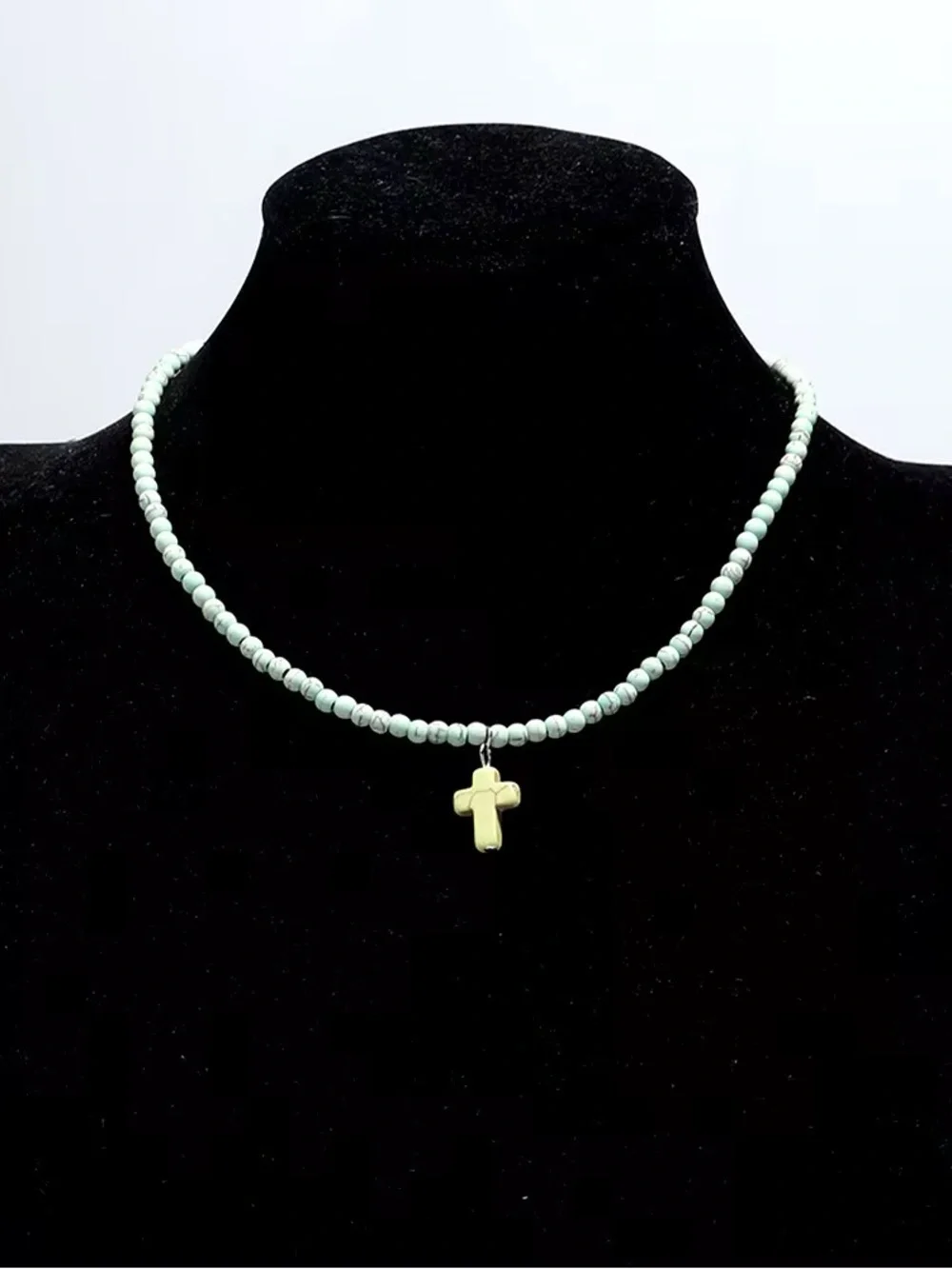 Green Cross Pendant Mint Beaded Necklace